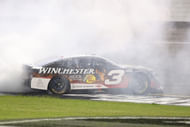 Austin Dillon doing doughnuts after winning the 2025 NASCAR Cup Series Race at Richmond - Source: Imagn